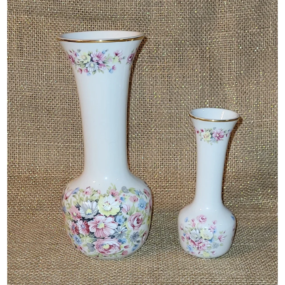 Vintage Ceramica Ibis Aveiro Portugal Floral Porcelain Vase Set Gold Rim 7¾